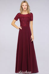A-Line Short-Sleeves Floor-Length Bridesmaid Dress Chiffon Lace Round-Neck Evening Dress